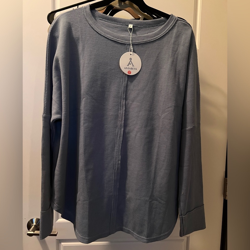 Blue Long Sleeve Waffle Knit Top